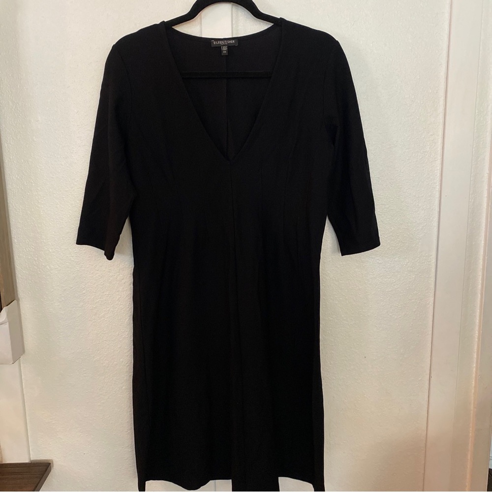 Eileen Fisher Dress PM‎ Black Mini Jersey Stretch Pullover V-Neck 3/4 Sleeve